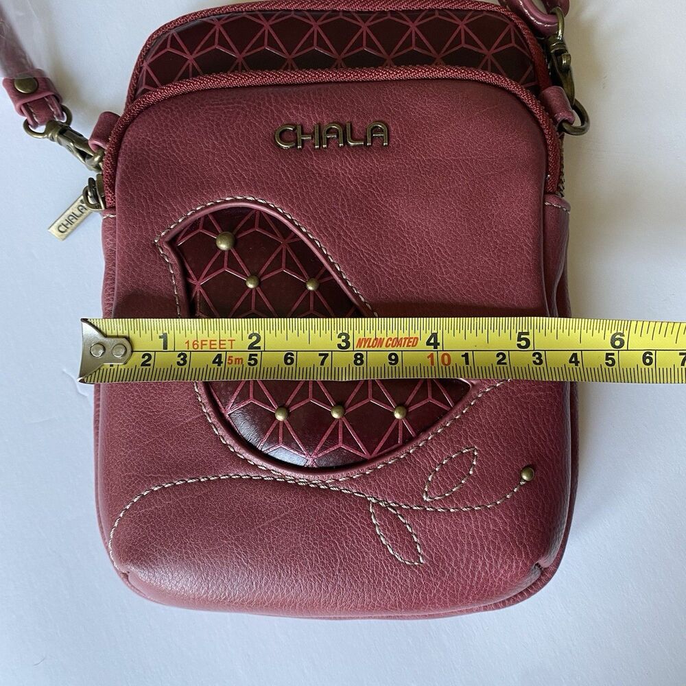 Chala Red Bird RFID Purse Crossbody Oxblood Red Small Travel Bag Long Strap - Picture 13 of 13